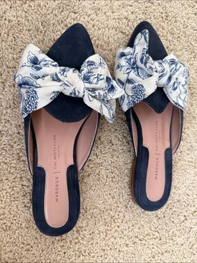 Margaux Navy Suede Slip-On Mules with Blue Floral Bow